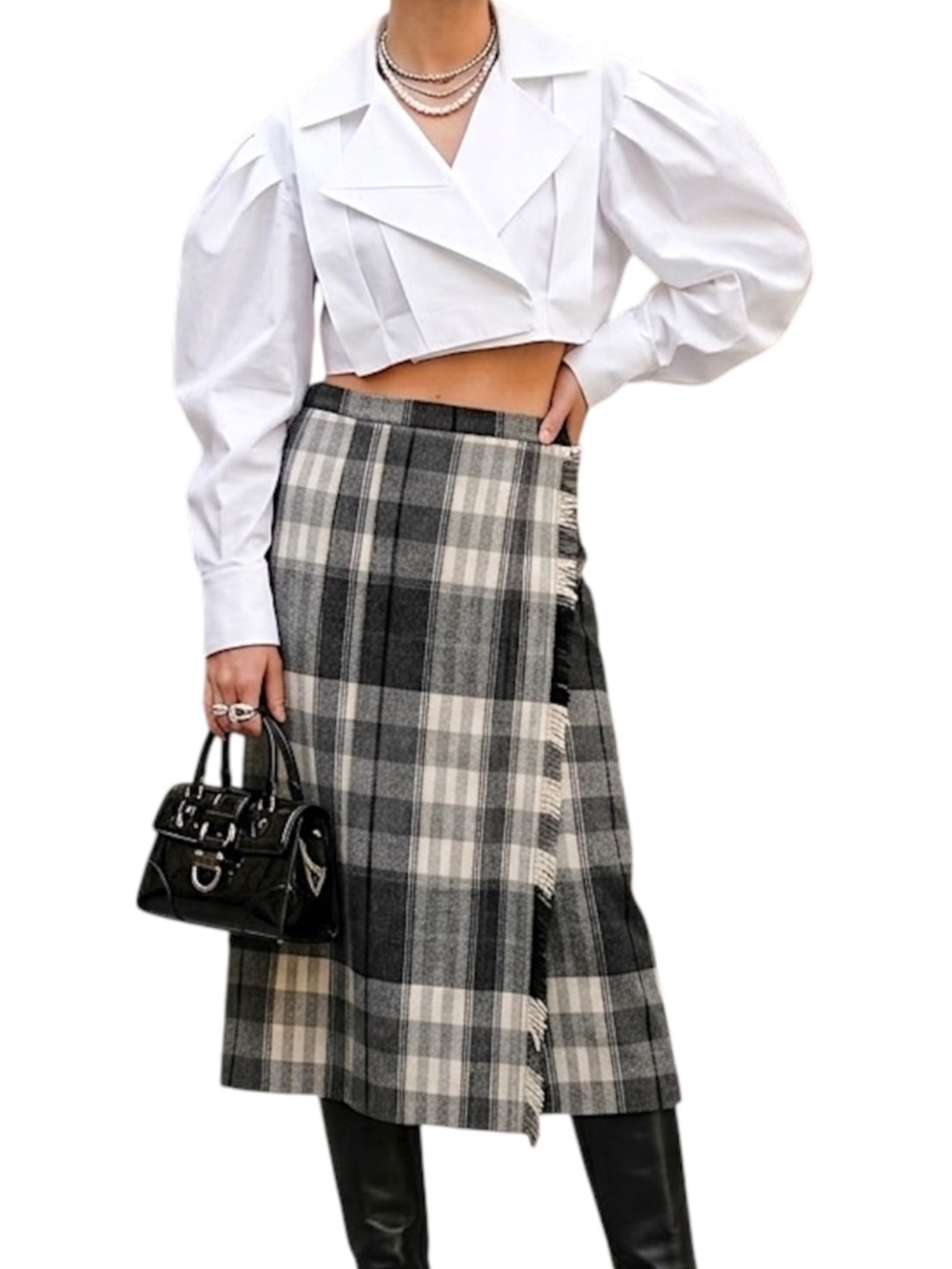 Vintage 80s 90s grey plaid tartan wool box pleated old money midi skirt